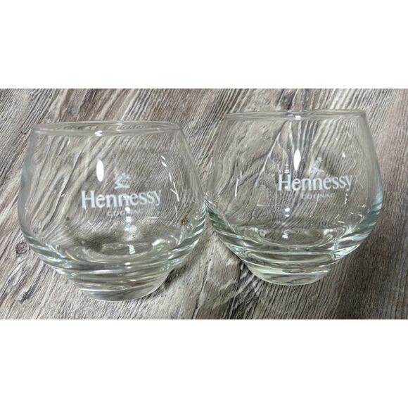 2 Hennessey Cognac Snifters Etched Logo Weighted Bubble Base Stemless Glasses - Picture 1 of 3